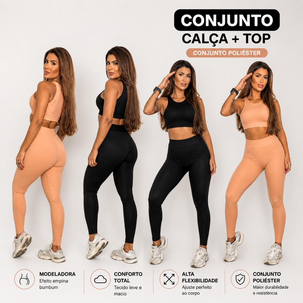 Conjunto Fitness Feminino Calça + Top Academia Poliéster Elastano Alta Elasticidade Treino Yoga Confortável