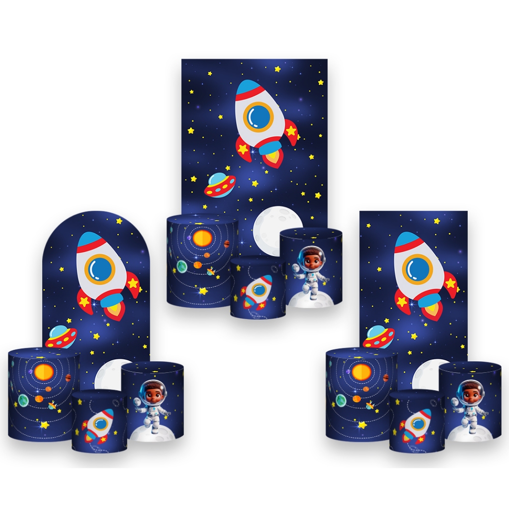 Painel De Festa Vertical + Trio De Capa Cilindro -  Nave Espacial Cute 019