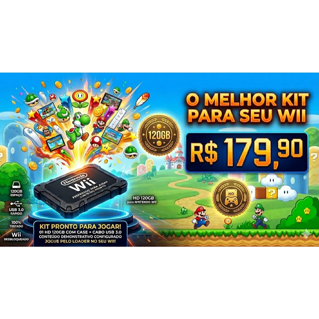 HD Externo 120GB com Case Para Nintendo Wii Biblioteca Gamer Pronto Para Uso
