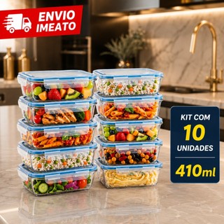 Kit 3/5/10 Unidades Potes de Vidro Hermético Retangular 4 Travas Marmita Fit Microondas M…