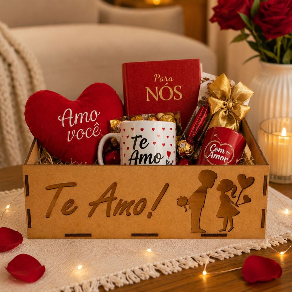 Kit Bandeja Cesta Frase Te Amo MDF 20x15 MDF Cru Presente