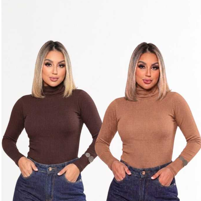 Kit 2 Blusas Feminina Ribana Canelada Manga Longa Gola Alta Cacharrel Blusa de Frio Inverno Elegante