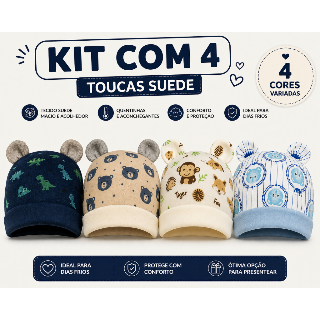 Kit 4 Toucas Bebê RN Masculino e Feminino Inverno Estampadas Sortidas Premium Frio