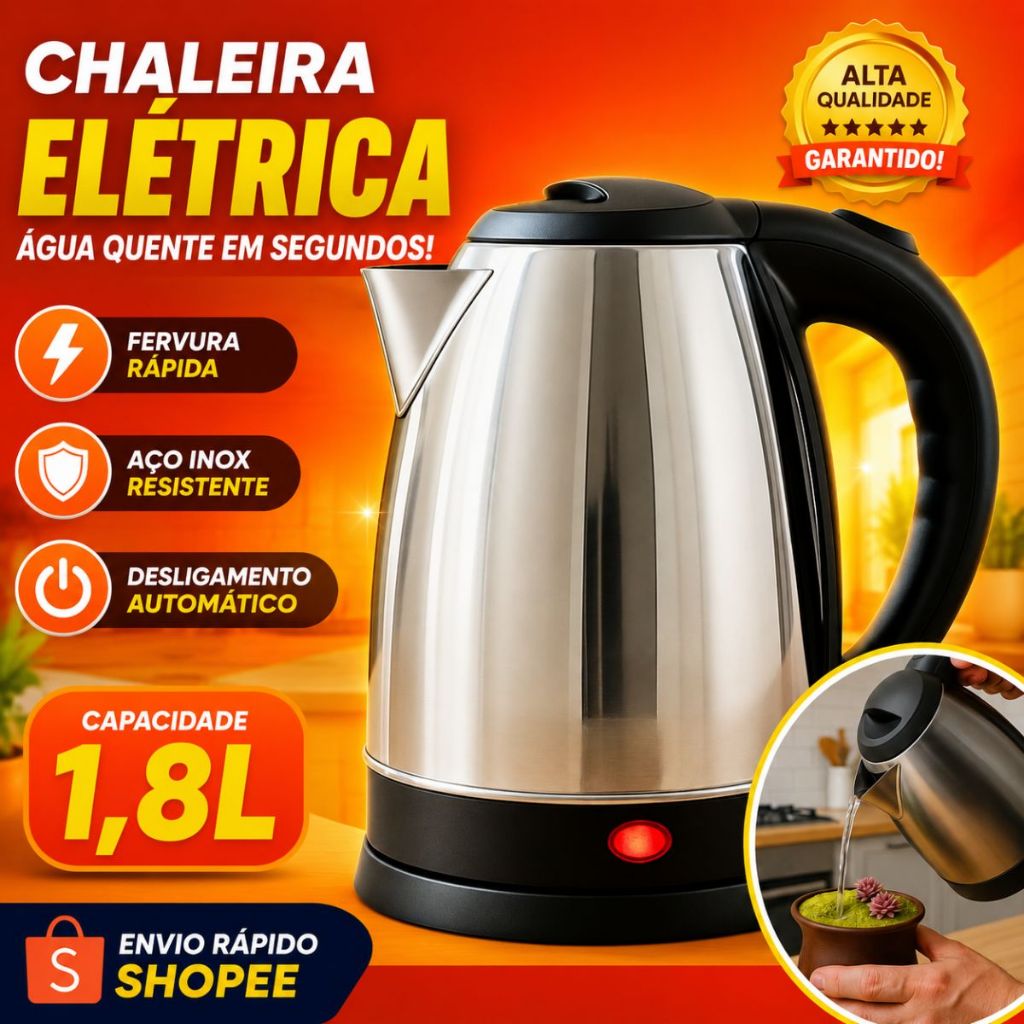 Chaleira Elétrica Inox 1,8L 110V com Desligamento Automático para Chá e Café