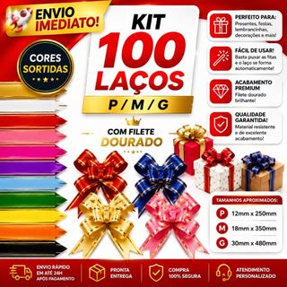 100 Laços Fácil Mágico com Filetes Dourado P/M/G – Presente – Com Cores Variadas