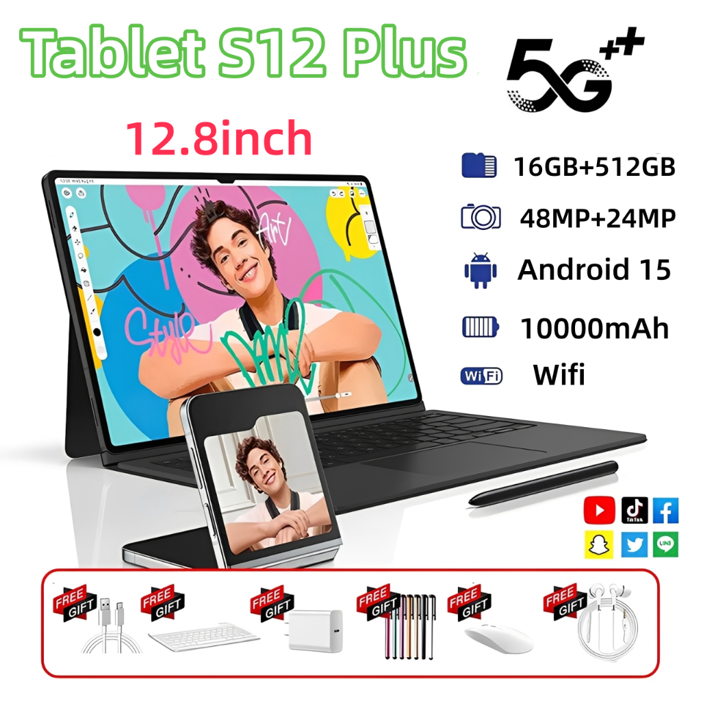 【Teclado e mouse gratuitos】Tablet  S12 Plus Tablet 12.8polegadas 16 GB + 512 GB 10000 mAh Tela HD Dual SIM Dual Core