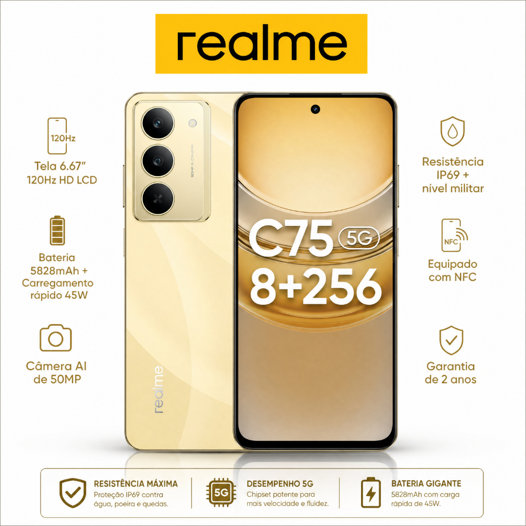 realme C75 5G 8+256GB Smartphone Celular Versão Global Bateria 5828mAh Câmera 50MP NFC Tela 6,67 Dourado