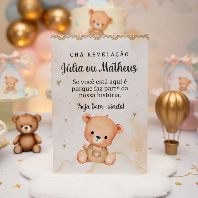 Centro de mesa personalizado plaquinha enfeite decoração chá revelação ursinho marrom bege ursinhos