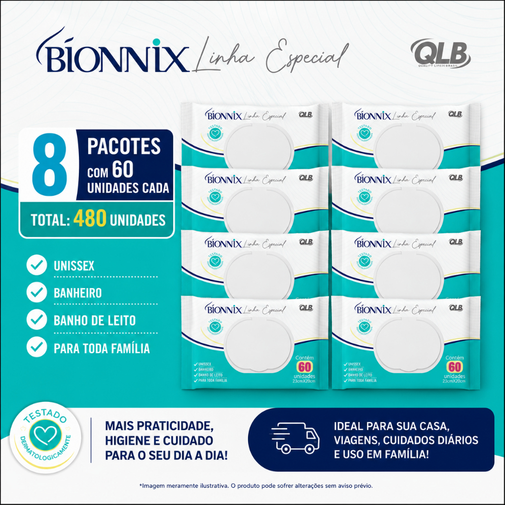 Caixa com 8 Lenços/Toalhas Umedecidas Adulto Bionnix c/ 60 Unidades – Tecido Premium com Alta Absorção - Tampa FlipTop