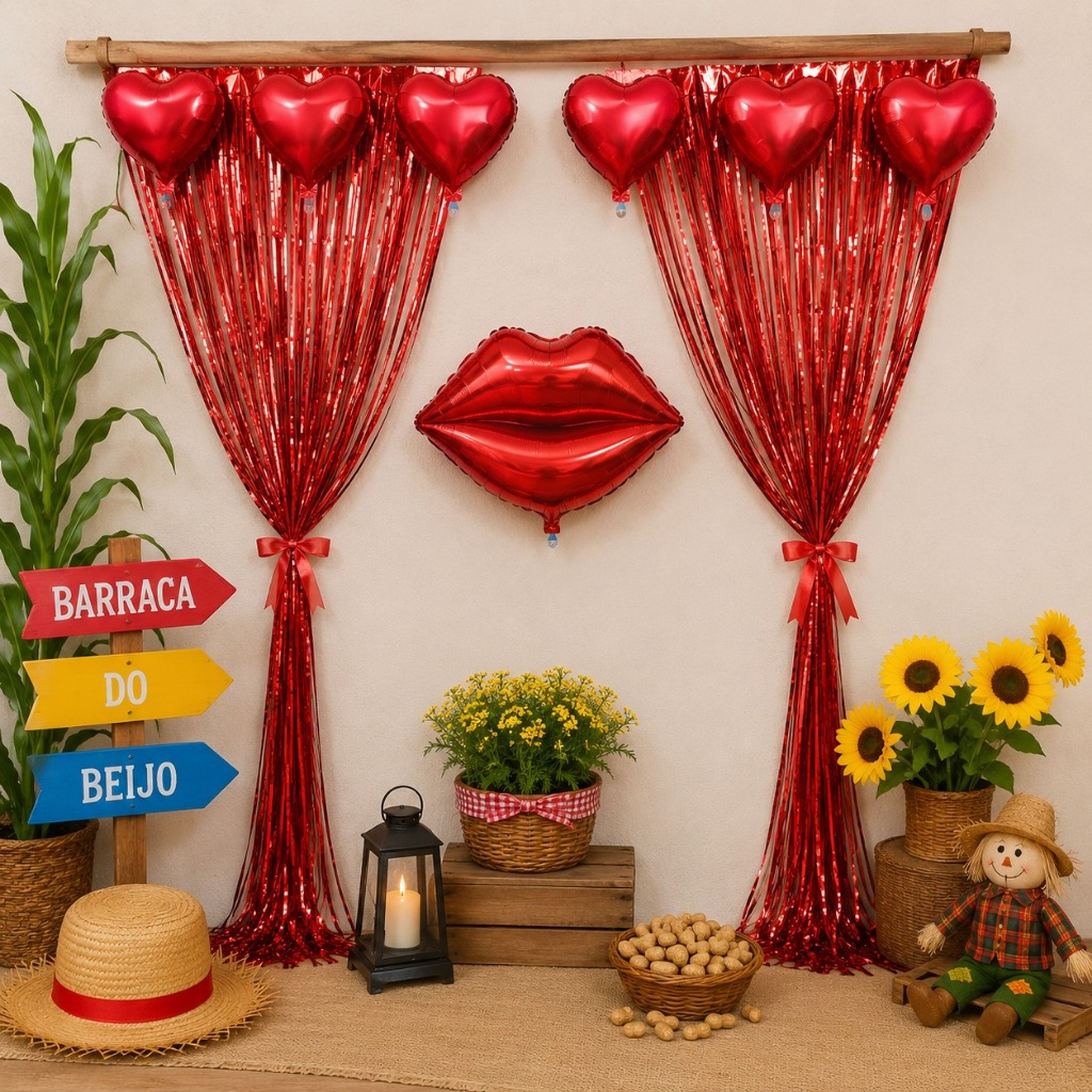 Detalhes do Decoração Barraca do Beijo Correio do Amor Festa Junina Arraiá Cortina Metalizada + Balões Boca Coração