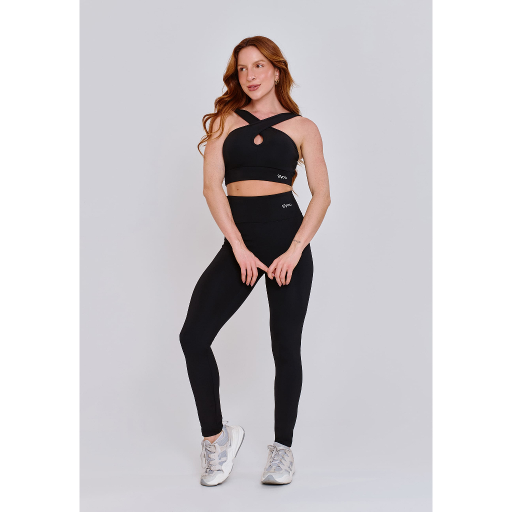 Conjunto Academia Feminino Top Cruzado + Calça Legging Preto Roupa Fitness