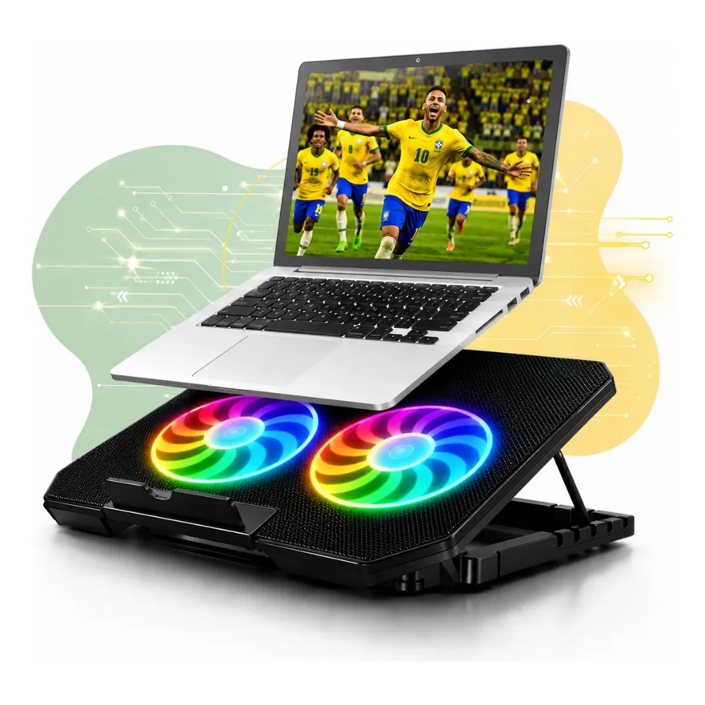 Suporte Notebook Base Led Refrigerada Ventilação Silenciosa Led Rgb Ajustável 2 Cooler 17 Polegadas