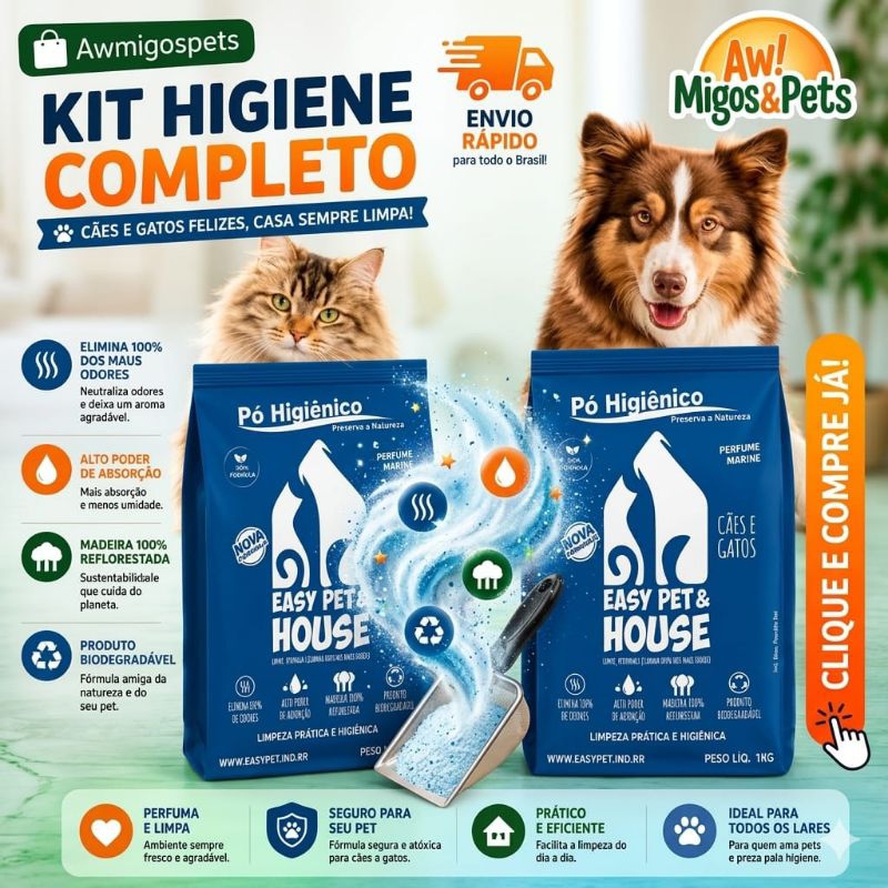 Pó Higiênico Eliminador de Odores Easy Pet & House 1 Kg p / Caixa de Areia e Seca Xixi Cães e Gato