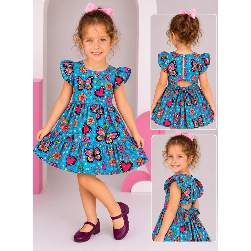 Vestido Infantil Menina Blogueirinha Manga Bufante Festa  Rodado Amarração Costas Estampado Feminino