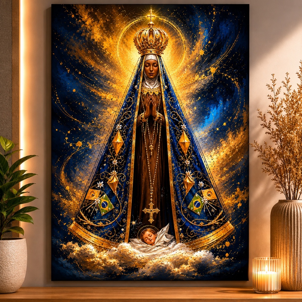 Quadro Decorativo Nossa Senhora Aparecida Padroeira Arte Católica Religiosa Premium Luxo Sala Quarto