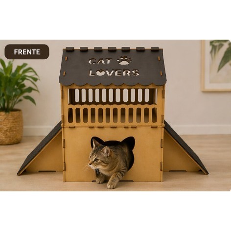 Casinha Gato MDF 2 Andares Rampa Arranhador Sisal Brinquedo Casinha Felino Grande Pet Desmontável