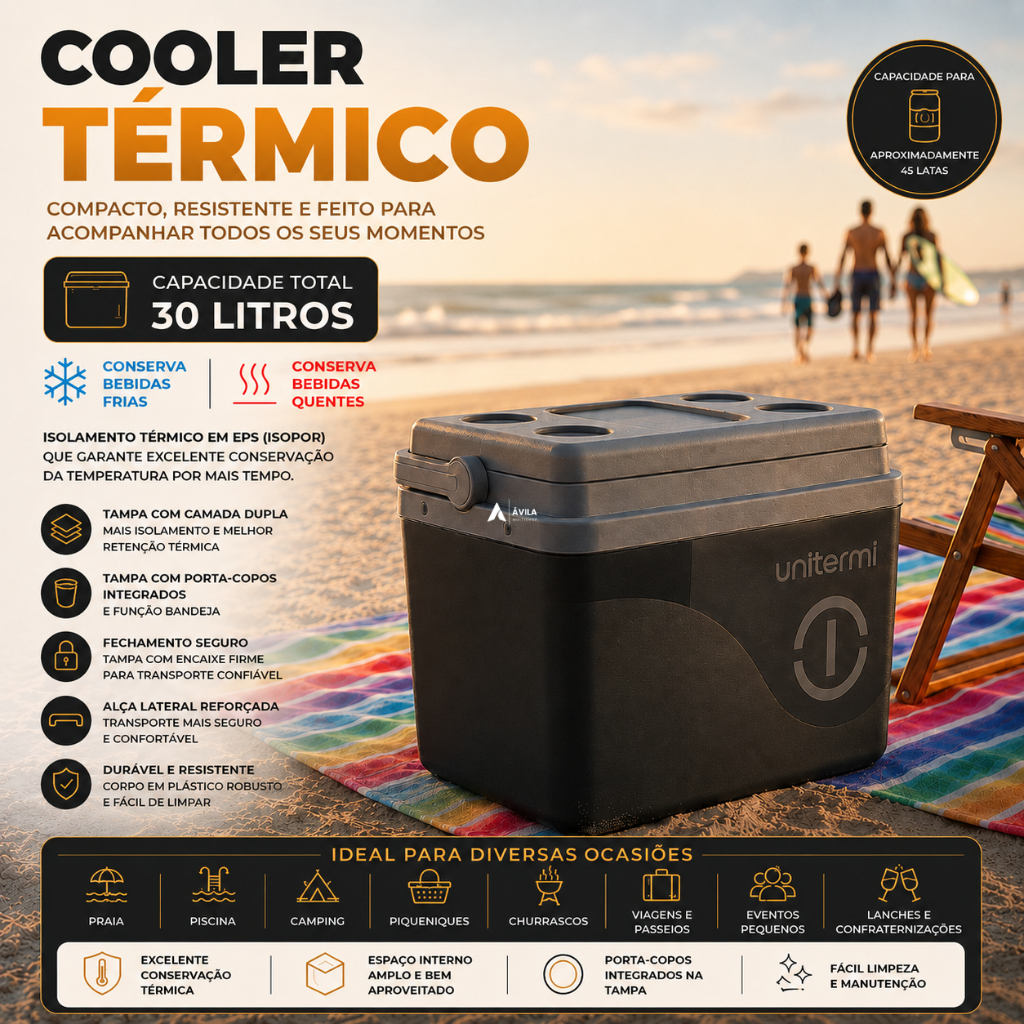 Cooler Caixa Térmica 30 Litros 45 Latas Com Tampa Suporte e Alça Para Praia Camping Viagem Pesca Lazer Unitermi Floripa