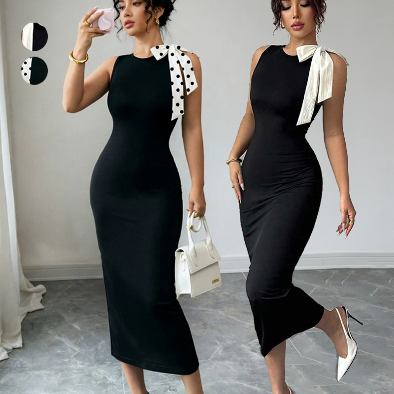 Vestido Elegante Feminino Vestido Tubinho Feminino com Bloco de Cor e Gola de Gravata Vestidos