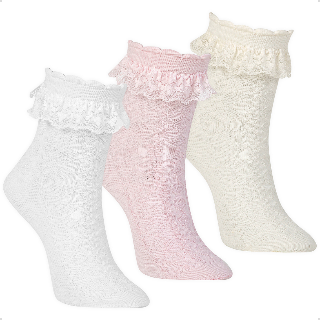 Kit 3 Pares Meia Babado de Renda Algodão Infantil Bebê Cano Médio Menina Rendada