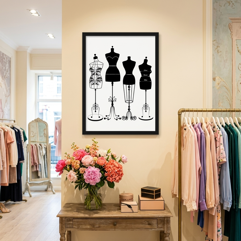 Quadro Decorativo Loja De Roupa Feminina Moda Manequim Vestido Floral Preto E Branco