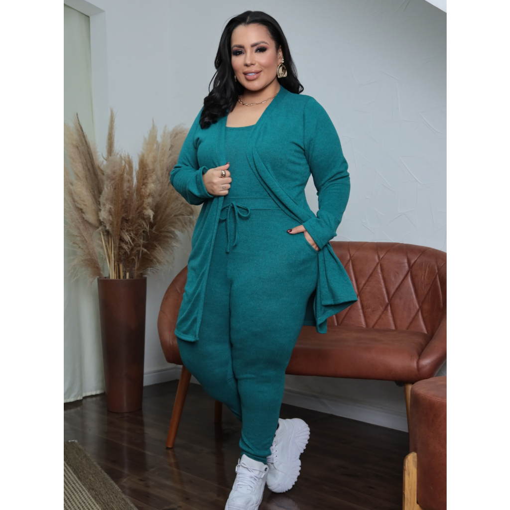 Conjunto Trio Lanzinha Plus Size Feminino Inverno Cardigan, Regata e Calça Jogger