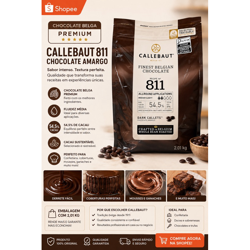 Chocolate amargo 54,5% Callebaut Moedas 2,01KG