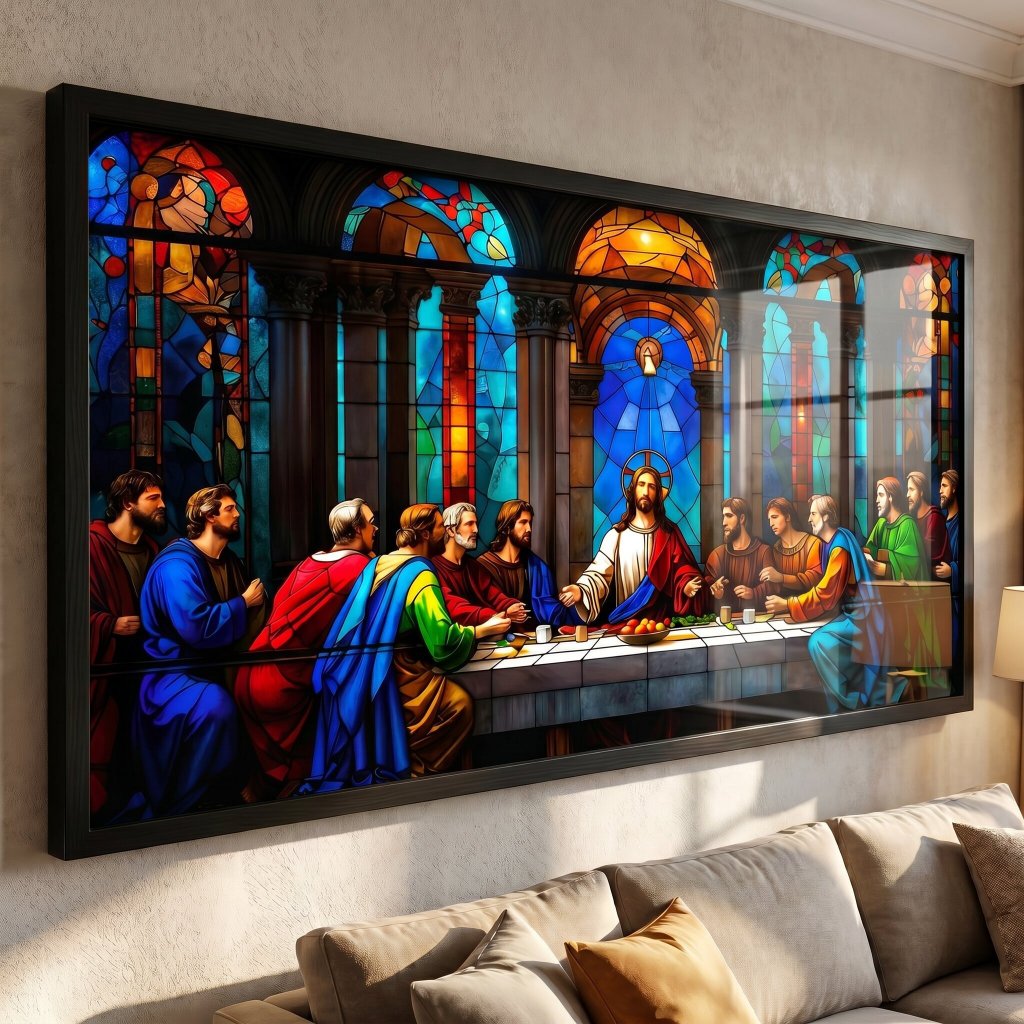 Quadro Decorativo para Casa, Escritório, Sala ou Hall em Moldura Preta, Ultima Ceia Santa Cores Religioso, Nítido