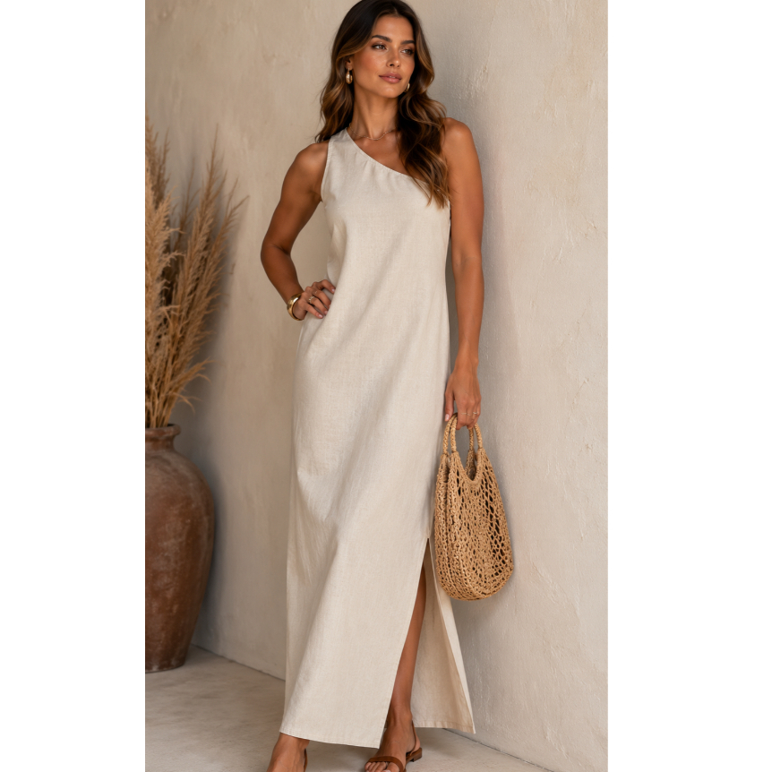 Vestido Longo Assimetrico Feminino em Linho com ziper nas costas Bolsos Laterais funcionais