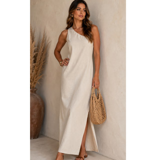 Vestido Longo Assimetrico Feminino em Linho com ziper nas costas Bolsos Laterais funciona…