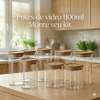Kit 4 Potes Herméticos Vidro 1100ml Tampa Bambu Vedação Para Temperos Mantimentos e Condimentos