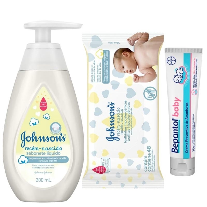 Top Combo Saída de Maternidade, Sabonete Johnson's 200ml + Lenços Johnson's 48 un + Bepantol 30g