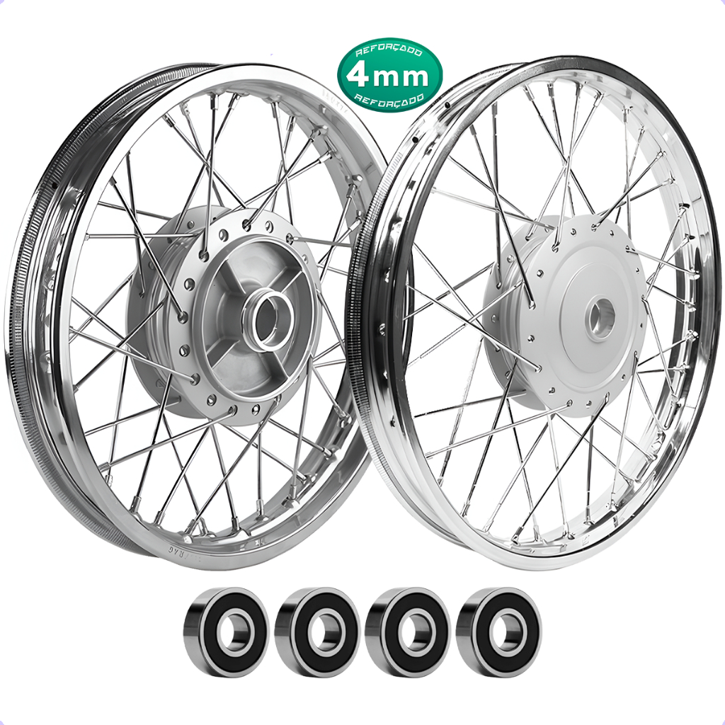 Par Roda Aro Calha Folha Jante Biz 125 4mm Cromado Raiada Alinhada C/rolamento