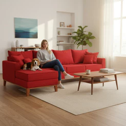 Sofá 4 Lugares Beny com Chaise Esquerdo Suede Vermelho