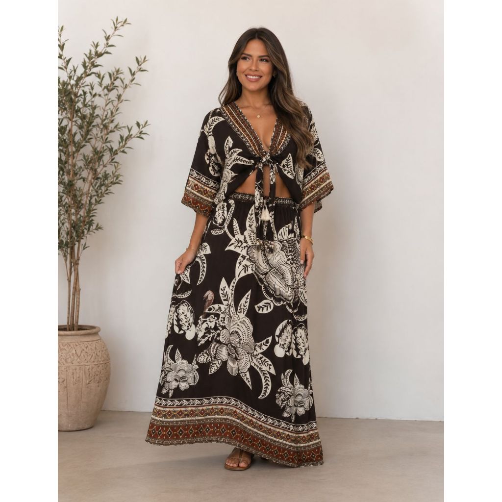 Conjunto feminino estampado com saia longa viscose inspiração com cropped ou kimono estampas variadas ou peças separadas
