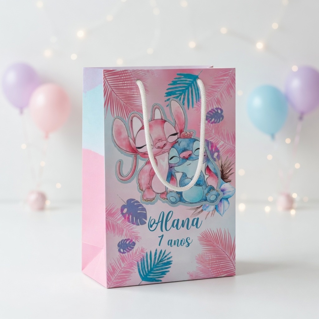 Sacolinha Stitch e Angel Personalizada / Lembrancinha Stitch / Aniversário M (20X14X5CM)