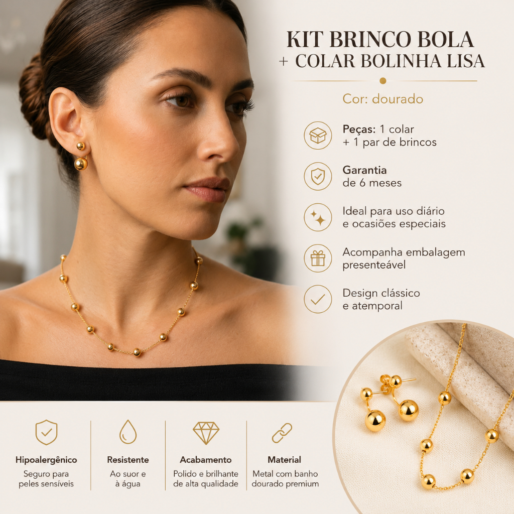 Kit Brinco Bola Colar Bolinha Ródio Branco Feminino Luxo Elegante Banhado Presente Dia dos Namorados
