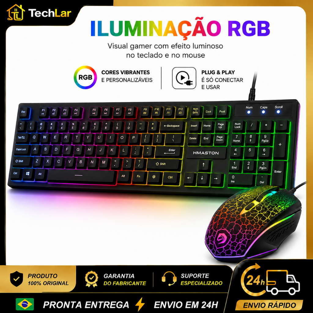Kit Gamer RGB Teclado ABNT2 107 Teclas + Mouse USB Plug and Play para Windows e Mac