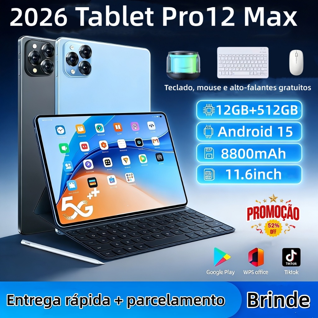 【Teclado e mouse grátis】 Tablet Pro12 Max 11,6 polegadas, 12 GB + 512 GB, bateria de 8.800 mAh, Android, 5G, Wi-Fi