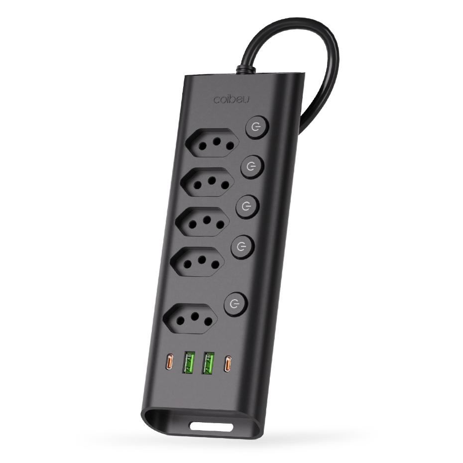 COIBEU Filtro de Linha 5 Tomadas + 2 USB + 2 Type-C, 2500W, 10A – Preto ou Branco com Interruptor