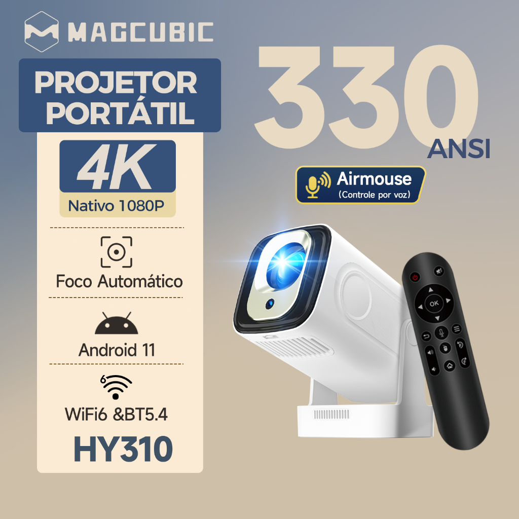 MAGCUBIC HY310 Projetor Portátil 330 ANSI Foco automático Suporta 4K Controle remoto por voz WiFi6 BT5.4