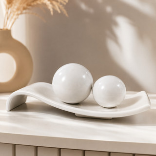 Centro de Mesa Decorativo Cerâmica Bandeja Rampa com Esferas Kit Decoração Sala Luxo