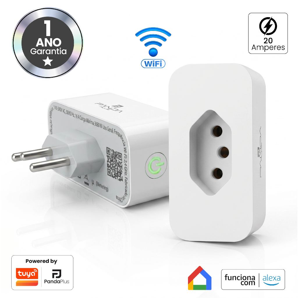 Tomada Inteligente Wifi 16A/20A Medidor Consumo App Panda Plus Alexa Google Tuya Comando Voz Bivolt