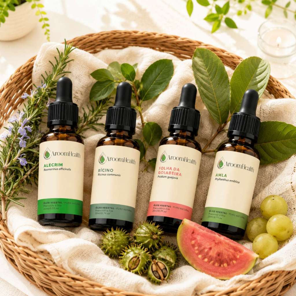 Kit de óleos vegetais puro natural – Alecrim, Rícino, Folha da Goiabeira e Amla – 20 ml cada