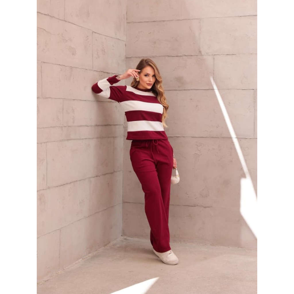 Conjunto Feminino Ribana Felpado Listrado 2 Peças Inverno Quentinho Pantalona Bolso Confortável Lili envio imediato