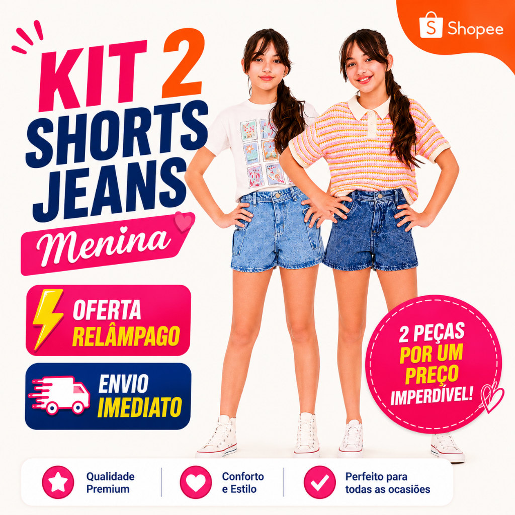 Kit 2 Short Jeans Infantil Menina Feminino 100% Algodão De 8 A 16 Anos