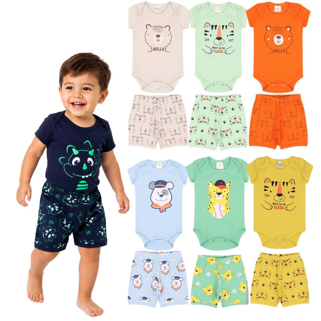 Kit 5 ou 3 Conjuntos Body Bebê Menino Manga Curta com Shorts Tapa Fralda Suedine Algodão Estampas Sortidas
