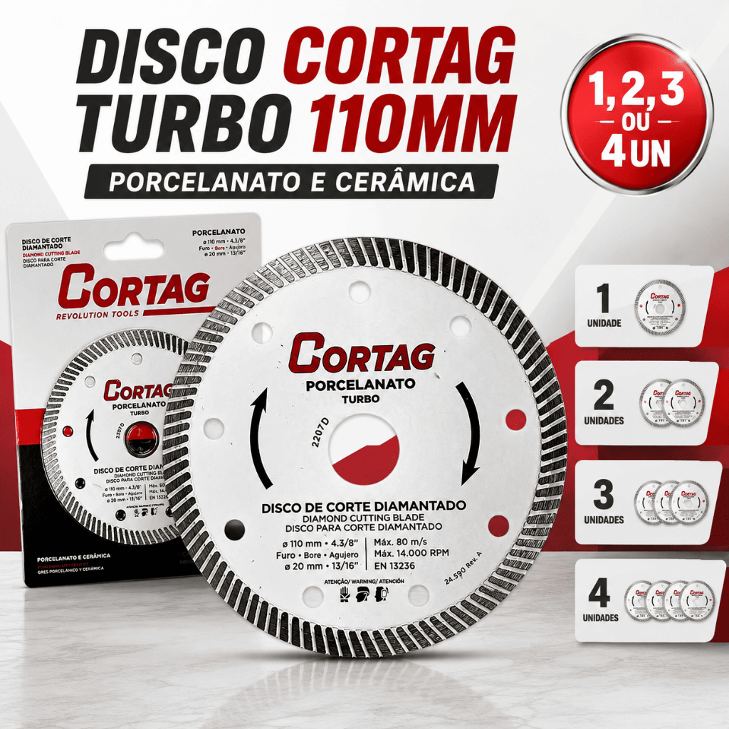 Disco Diamantado Cortag Turbo 110mm Porcelanato Cerâmica Azulejo Serra Mármore 1 a 4 Unidades