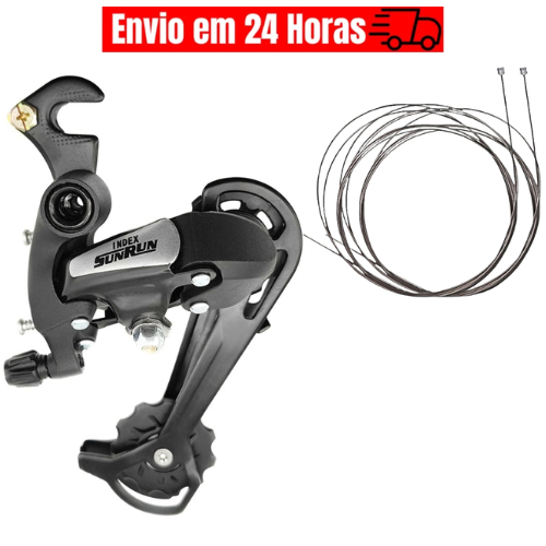 Câmbio Traseiro Sunrun 7v Bicicleta 21 Marchas Index Mega Compatível C/Shimano Com Gancheira 2 Cabos de Marcha