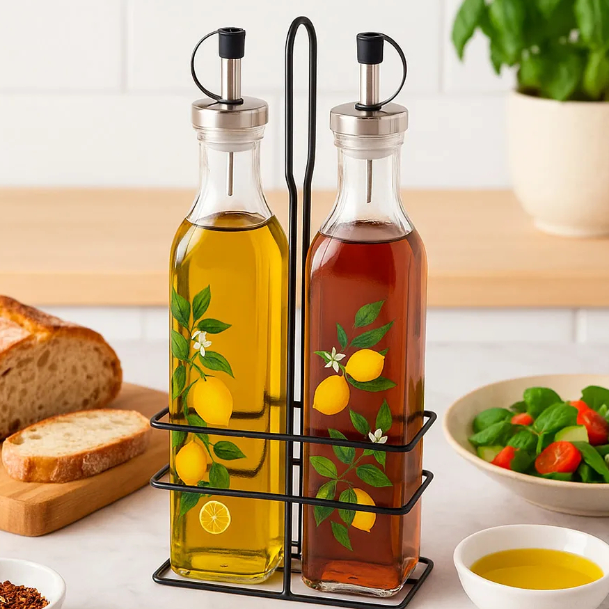Kit 2 Galheteiros De Vidro Para Azeite e Vinagre Com Suporte Matira Haüskraft 250ml