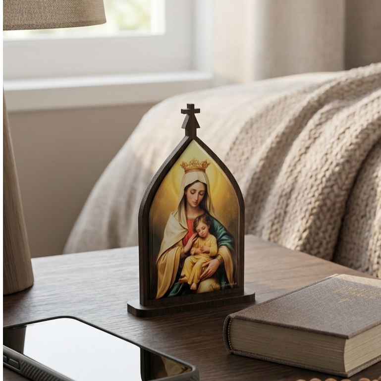 Oratório Capela Mãe Rainha 15cm MDF e Imagem Resinada | Decoração Casa Presente Católico Religioso Fé
